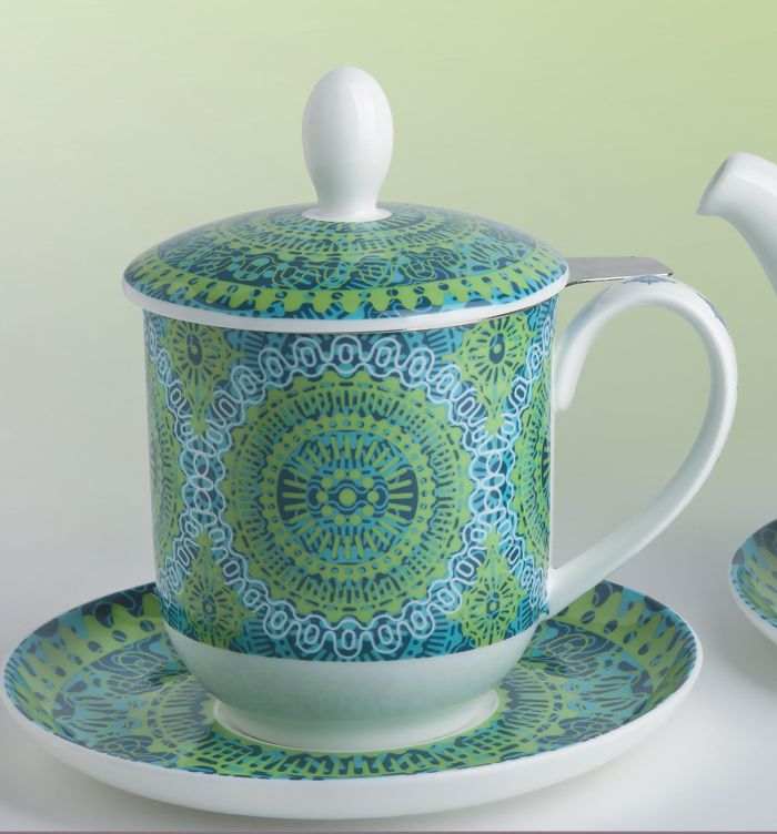 Bild von Teetasse mit Untertasse, Sieb und Deckel Nanji Fine Bone China