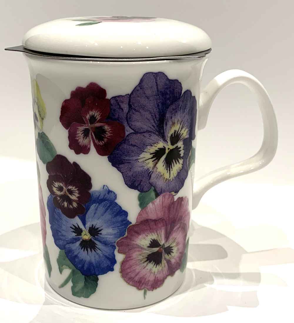 Bild von Roy Kirkham Tasse mit Sieb und Deckel Pansy Stiefmütterchen