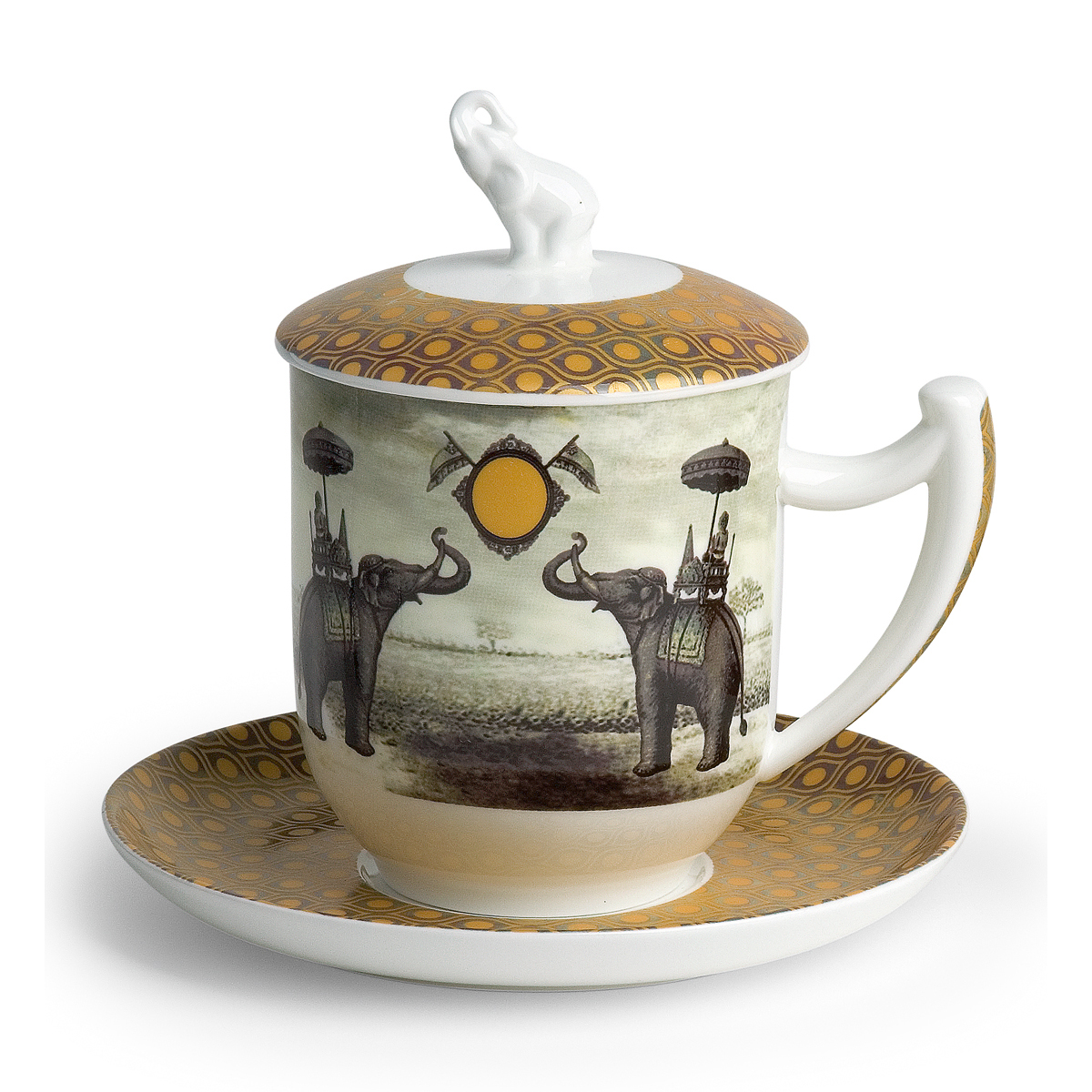 Bild von Teetasse mit Untertasse, Sieb und Deckel Sepia Elephant