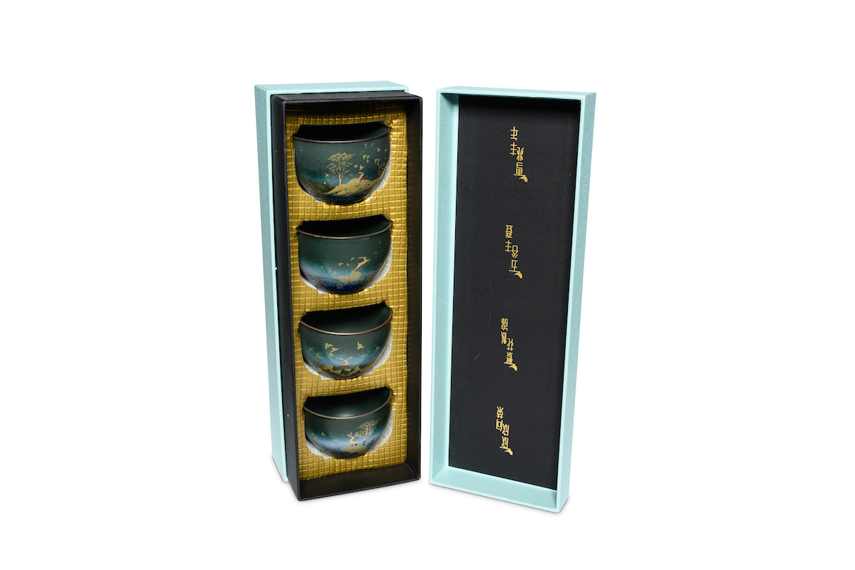 Bild von Teeschalen Sikahirsch blau gold Cups 4er Set Keramik