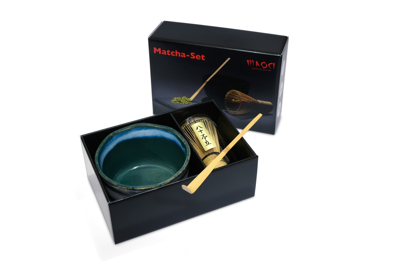 Bild von MAOCI Matcha Set Matchaschale blau marmoriert Besen Löffel