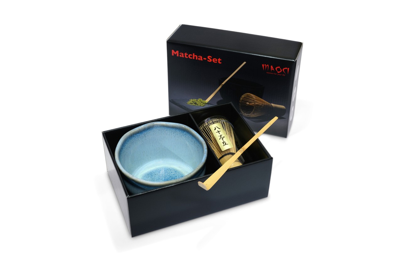 Bild von MAOCI Matcha Set Matchaschale blau glänzend grau matt Besen Löffel