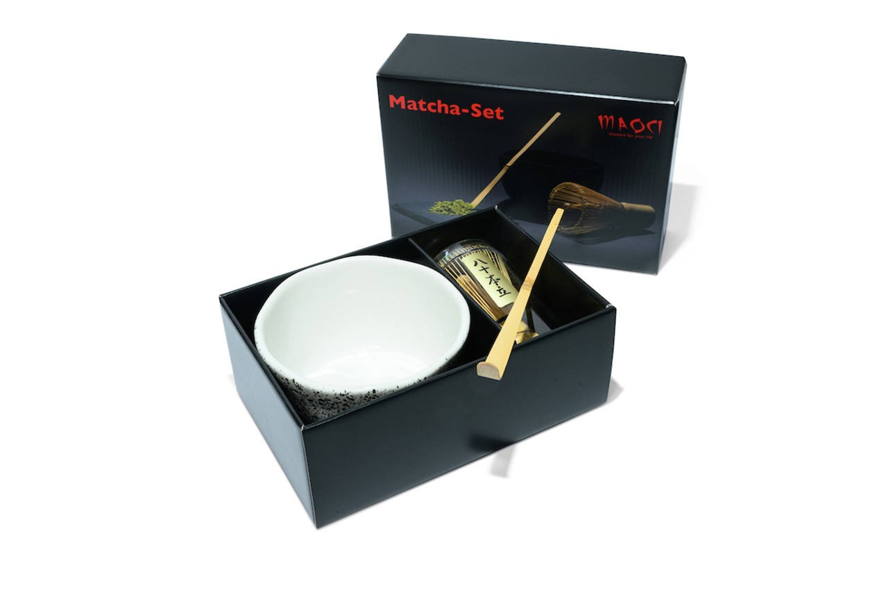 Bild von MAOCI Matcha Set Matchaschale weiß petrol Sprenkel Besen Löffel