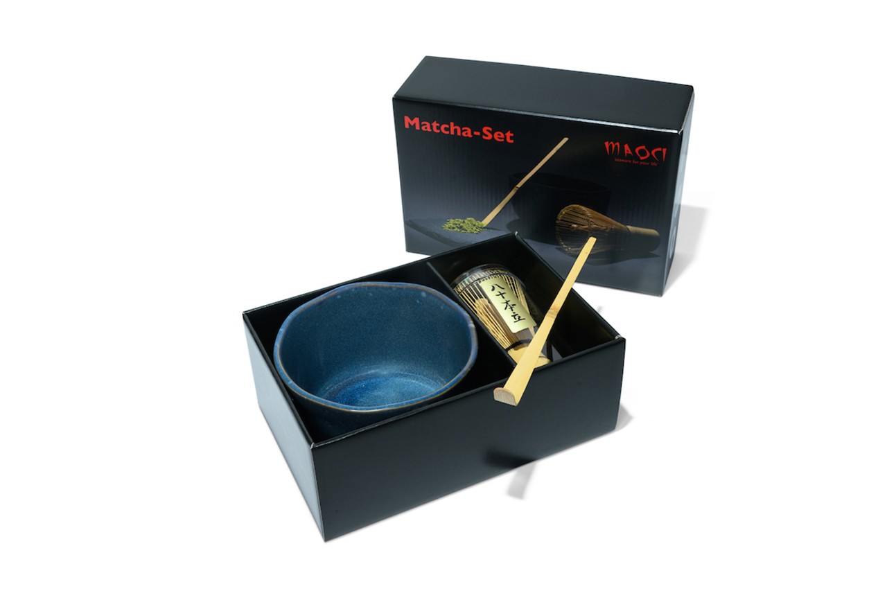 Bild von MAOCI Matcha Set Matchaschale jeansblau helle Tupfen Besen Löffel