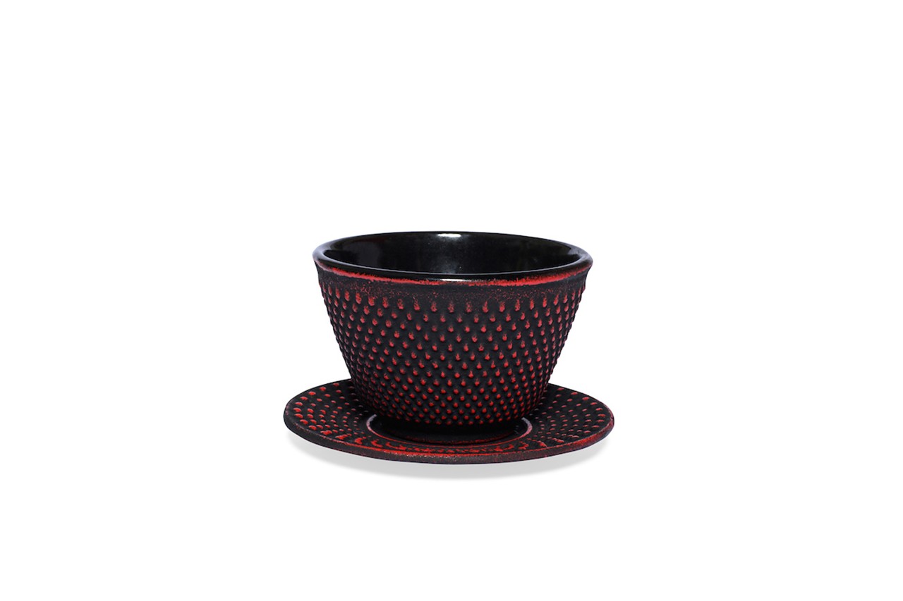 Bild von maoci Teetasse Arare schwarz rot Gusseisen mit Untertasse 0,12 L