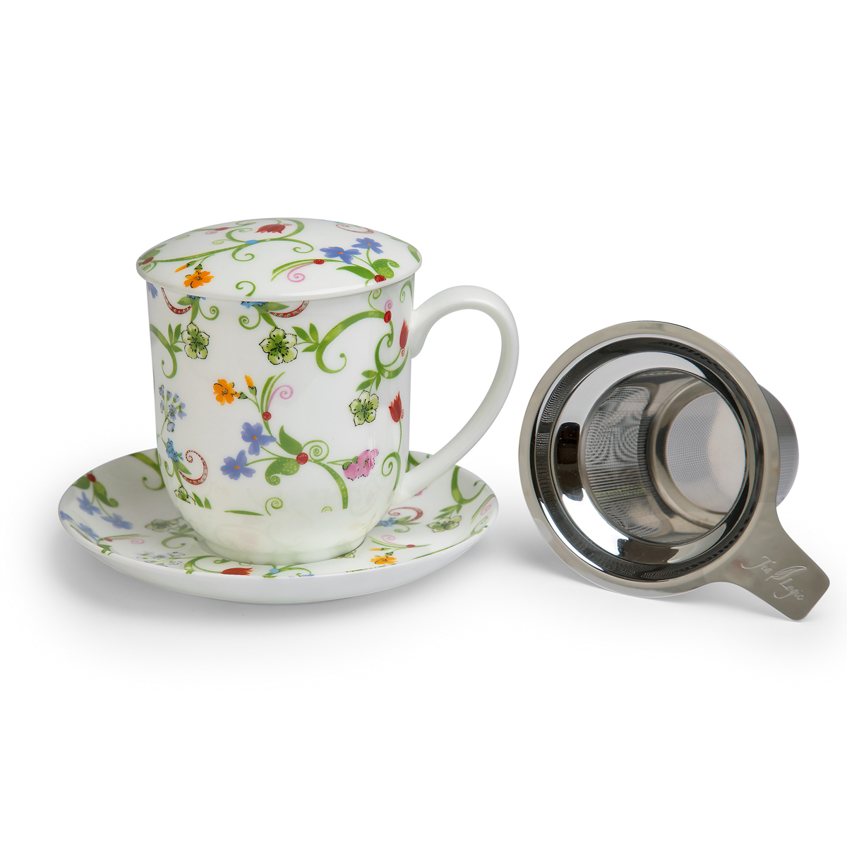 Bild von tealogic Fleurette Teetasse mit Untertasse, Sieb und Deckel Fine bone China