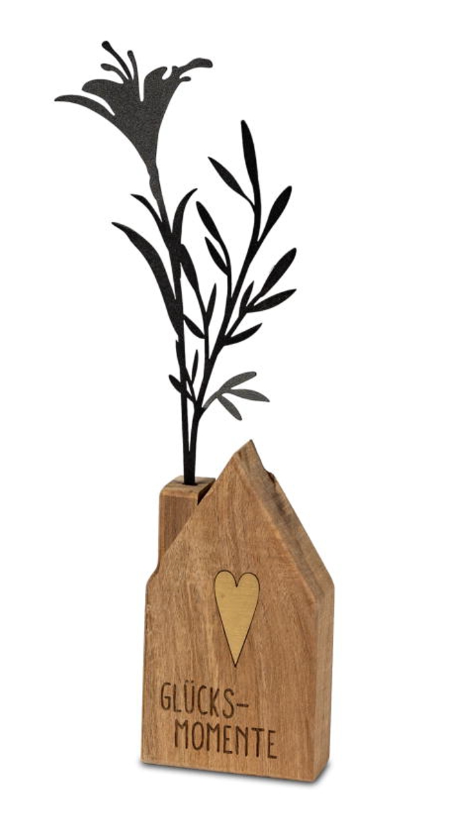 formano Dekofigur Haus mit Blumen Holz + schwarzes Metall - Glücksmomente