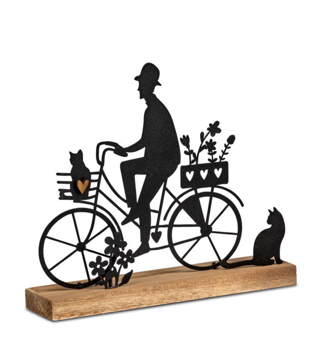formano Dekofigur Fahrrad Mann Blumen Katze Holz + schwarzes Metall