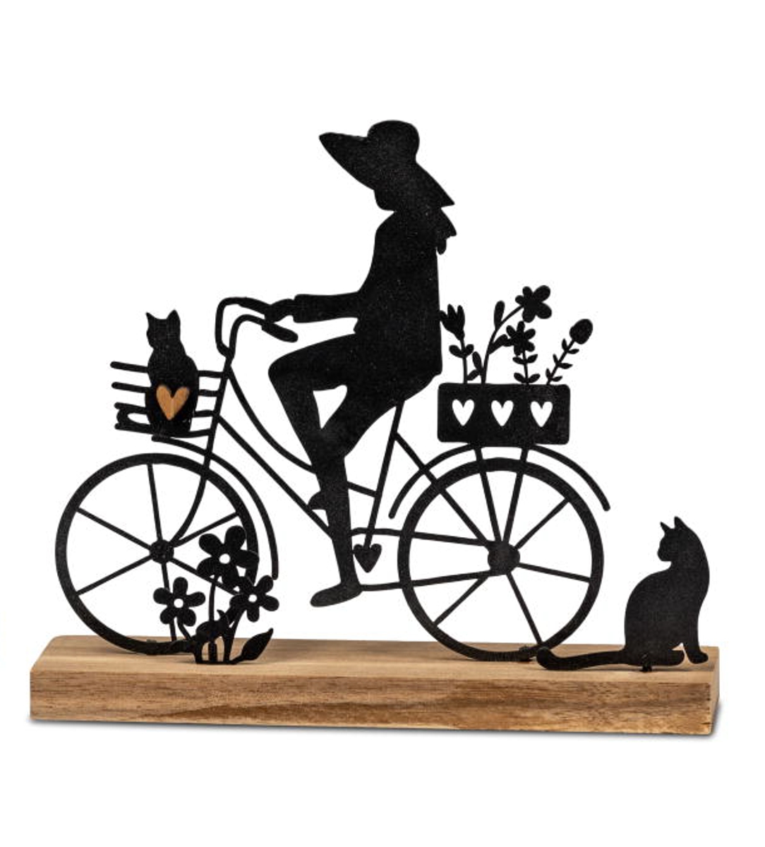 formano Dekofigur Fahrrad Frau Blumen Katze Holz + schwarzes Metall