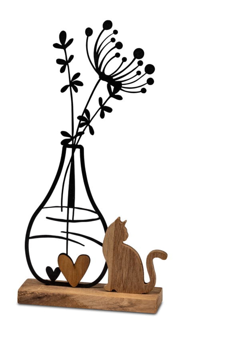 formano Dekofigur Blume + Katze Holz - Holz + schwarzes Metall