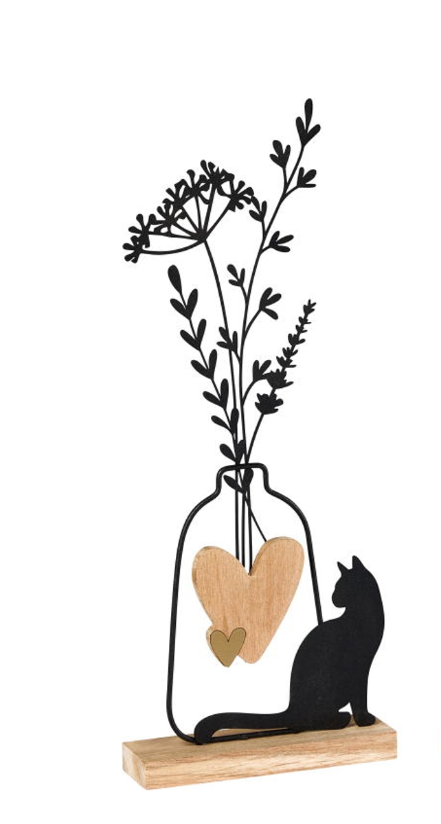 formano Dekofigur Vase + Katze sitzend Holz + schwarzes Metall