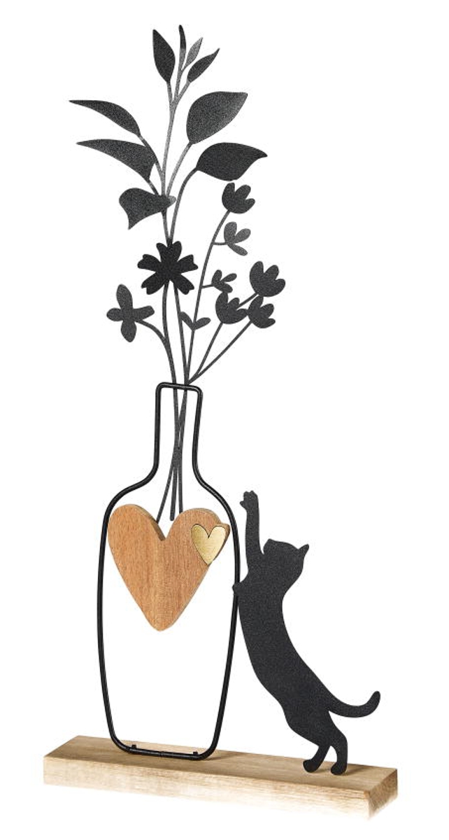 formano Dekofigur Vase + Katze stehend Holz + schwarzes Metall