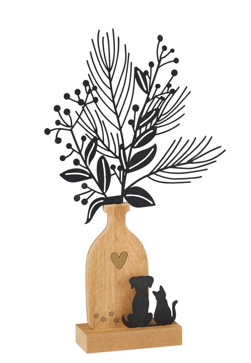 formano Dekofigur Vase + Hund + Katze Beerenzweige Holz + schwarzes Metall
