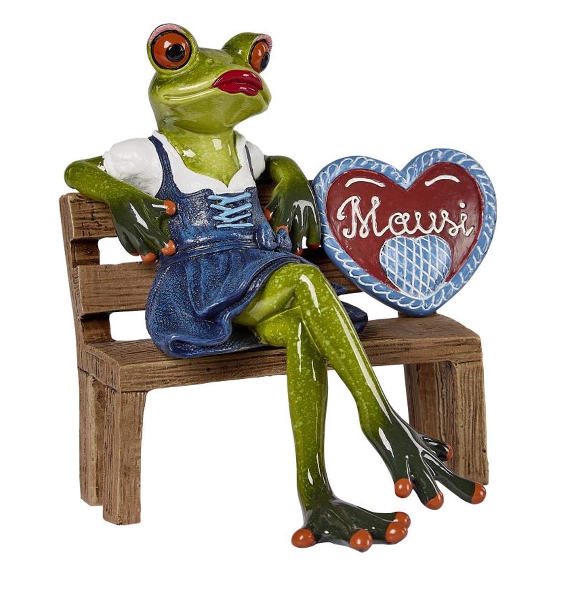 formano Dekofigur Frosch Lady mit Dirndl Lebkuchenherz Mausi auf Bank