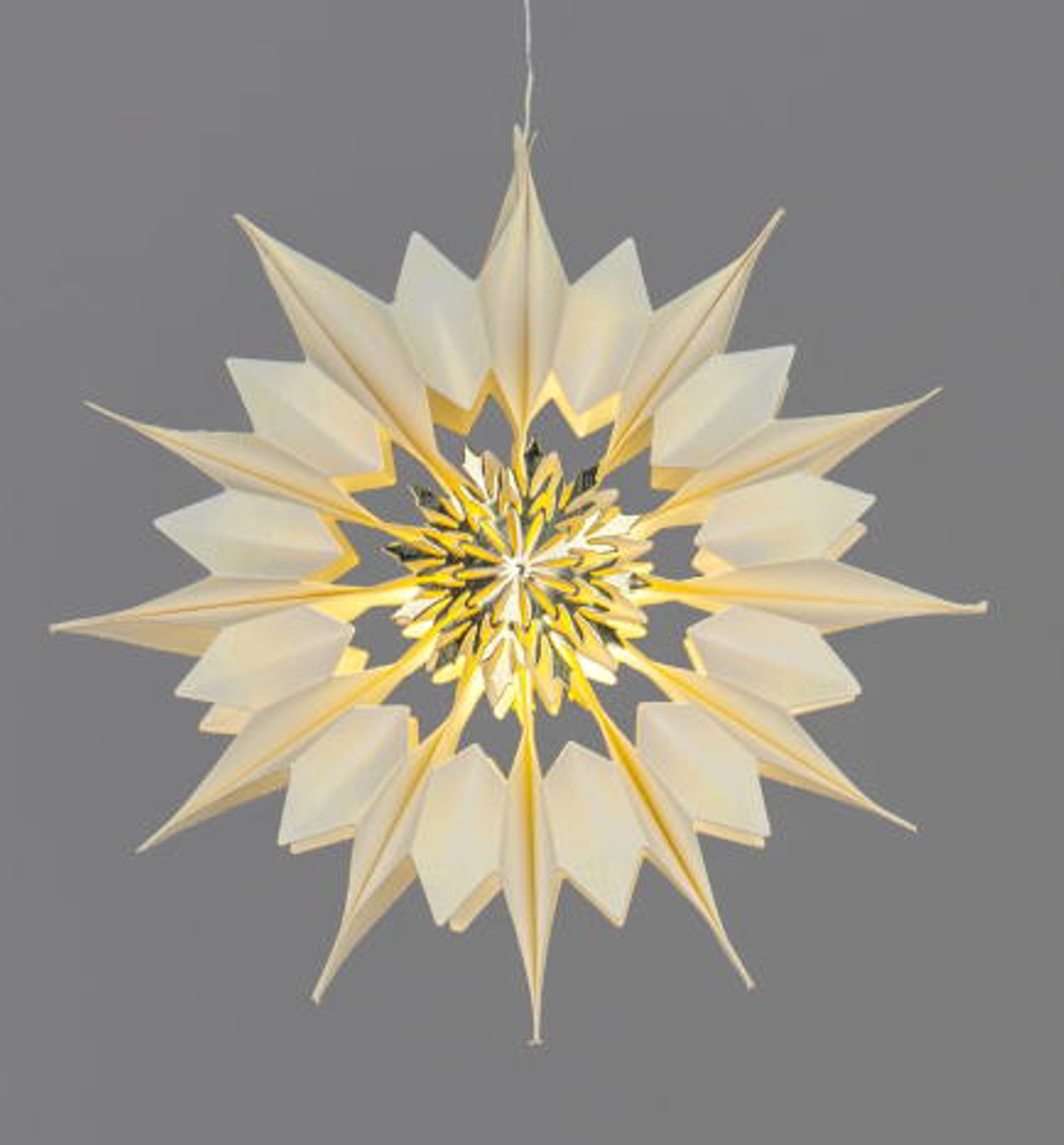 Hänger Papier-Stern Creme mit LED-Licht + Timer 21cm mit goldenem Metall-Element 632630