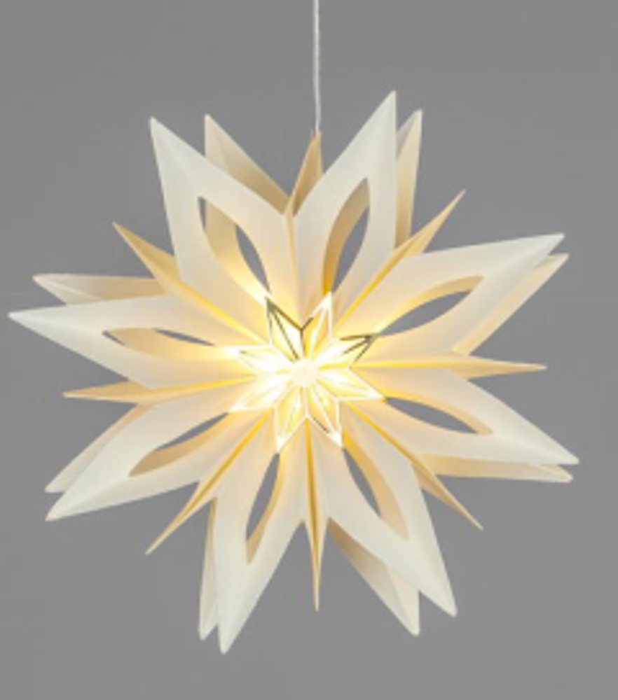 Hänger Papier-Stern Creme mit LED-Licht + Timer 20cm mit goldenem Metall-Element 632692