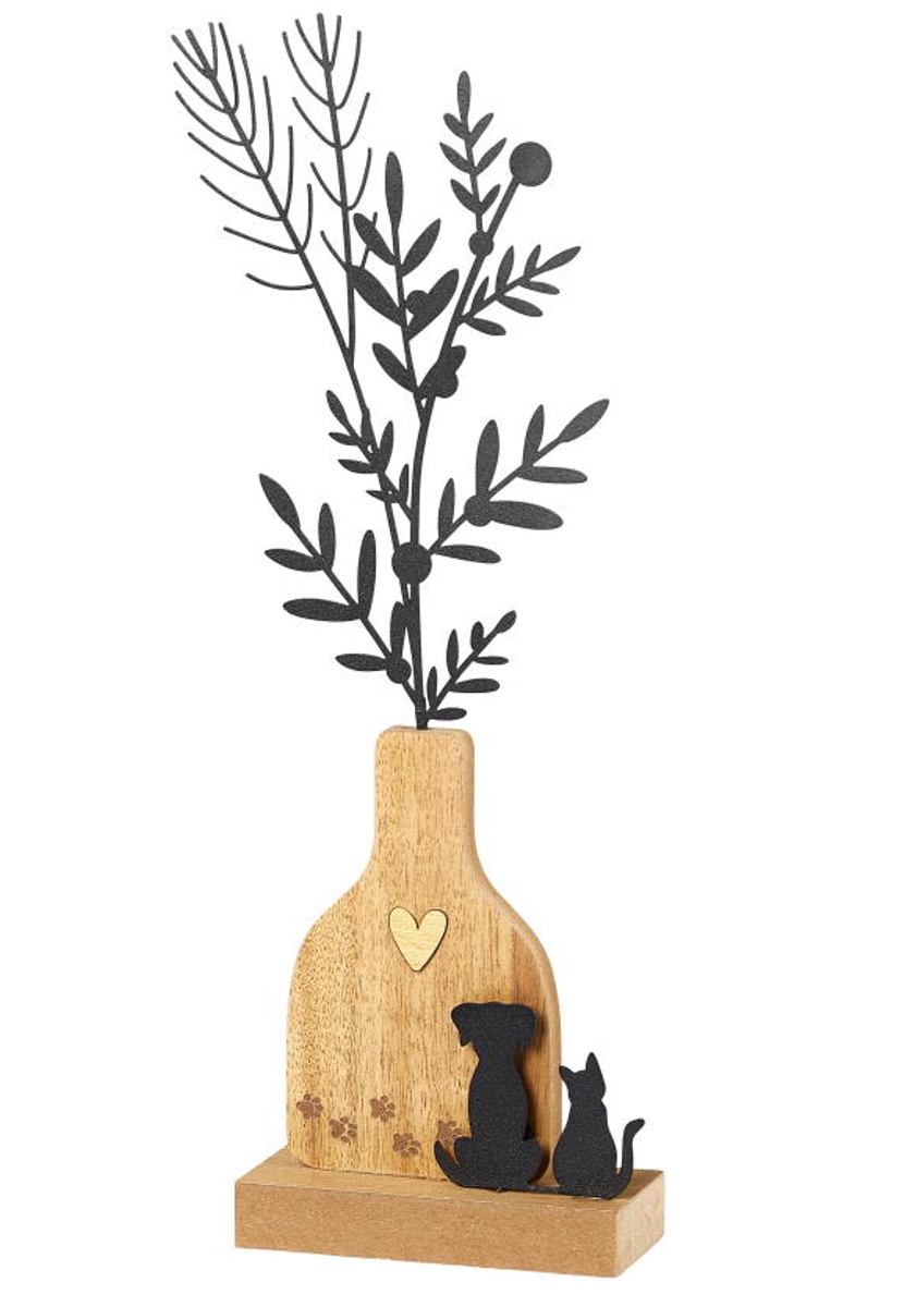 formano Dekofigur Vase + Hund + Katze Holz + schwarzes Metall