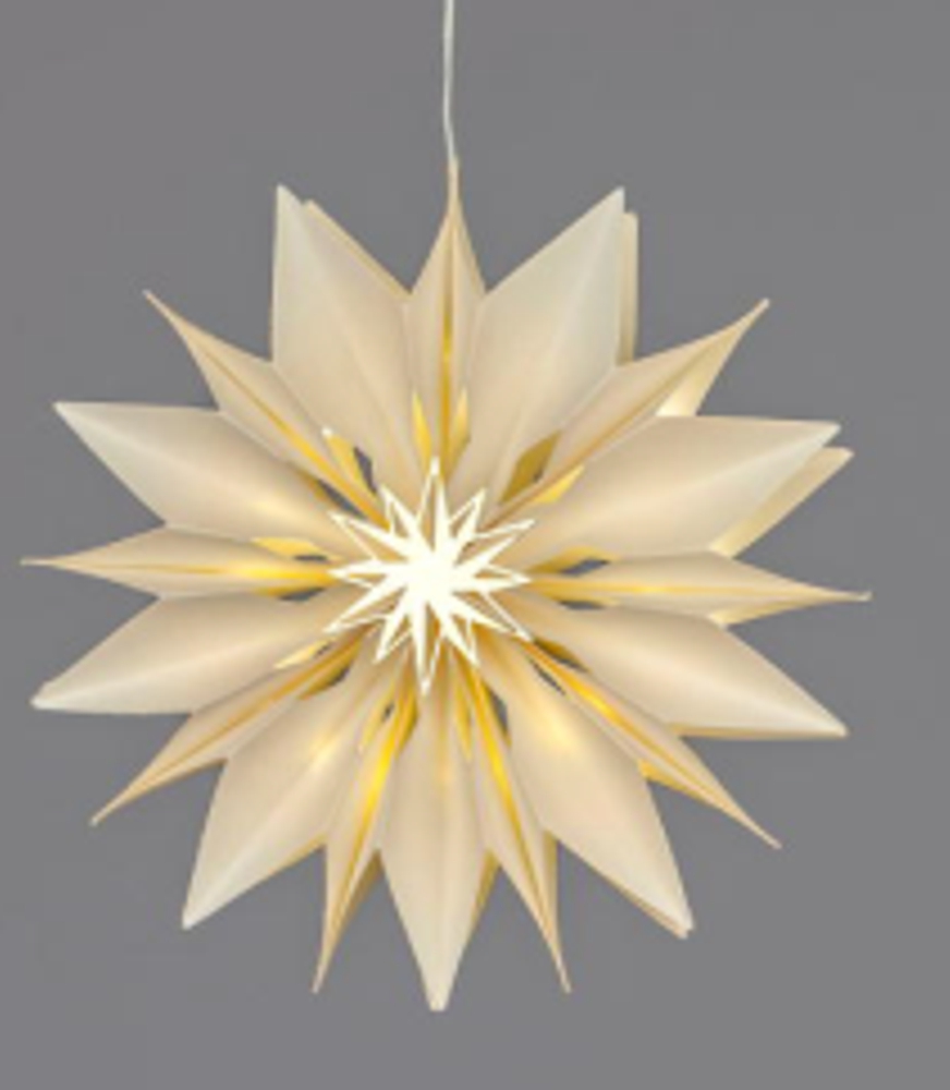Hänger Papier-Stern Creme mit LED-Licht + Timer 20cm mit goldenem Metall-Element 632814