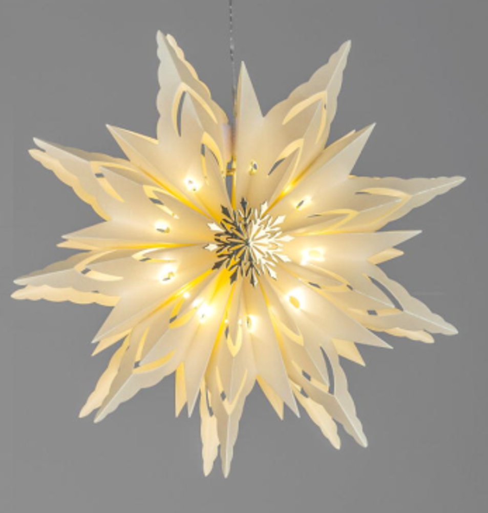 Hänger Papier-Stern Creme mit LED-Licht + Timer 30cm mit goldenem Metall-Element 632821