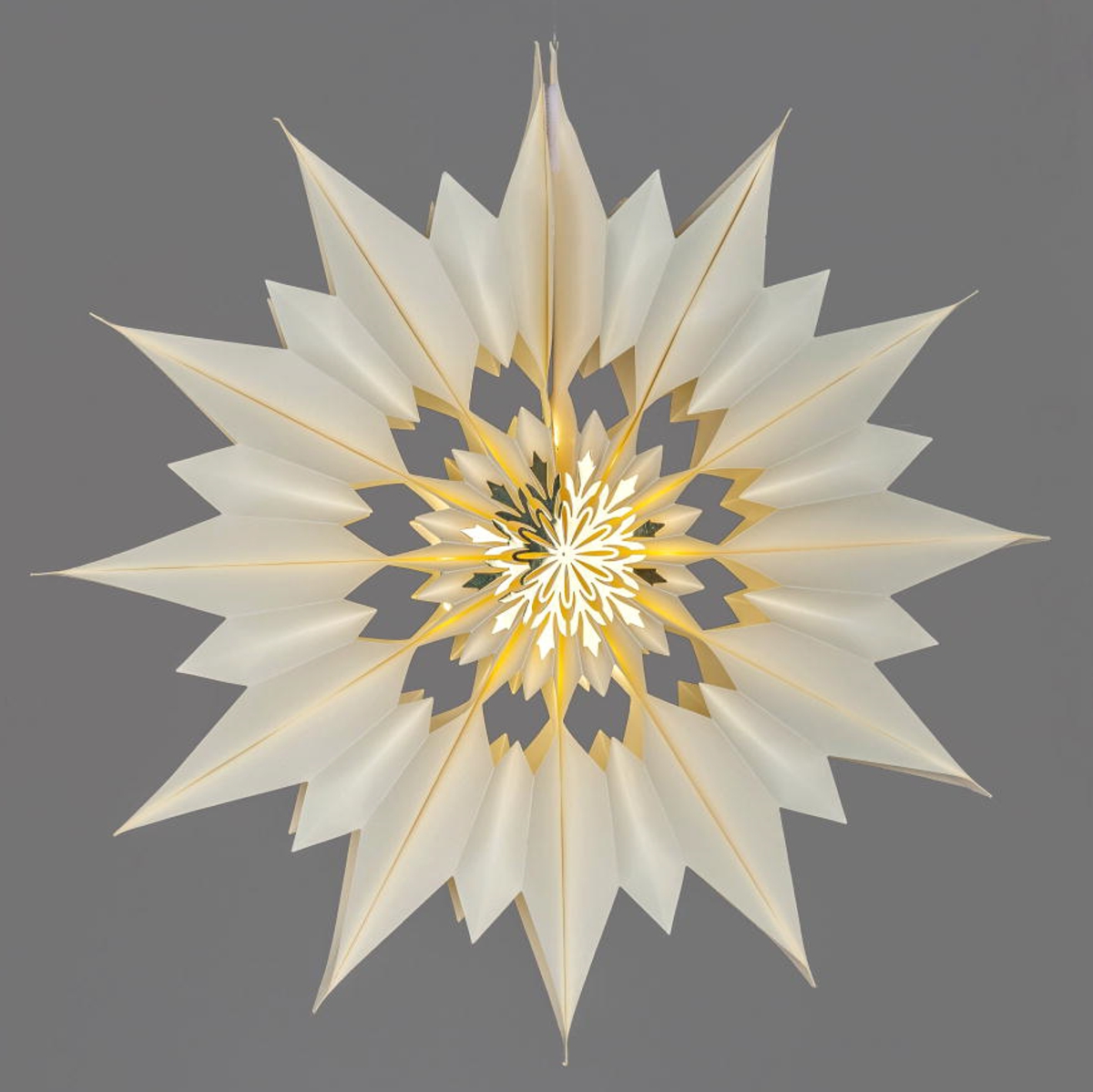 Hänger Papier-Stern Creme mit LED-Licht + Timer 60cm mit goldenem Metall-Element 632852